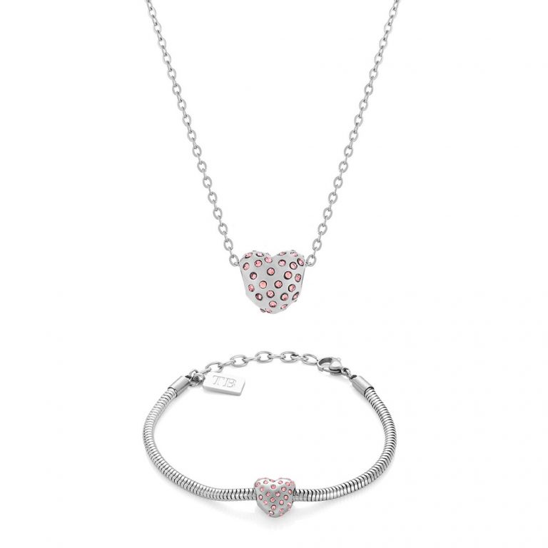 Conjunto de pulseira e colar Valérie para mulher com pendente de coração em aço inoxidável da marca Portuguesa Twobrothers. Conjunto de acessórios femininos com coração com brilhantes cor de rosa.