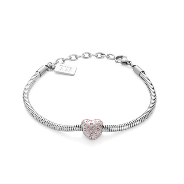 Pulseira Valérie para mulher com pendente de coração em aço inoxidável da marca Portuguesa Twobrothers. Colar feminino com coração com brilhantes cor de rosa