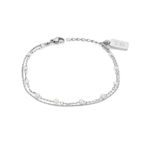 Pulseira para mulher em aço inoxidável com fio duplo e pérolas brancas da marca Twobrothers.