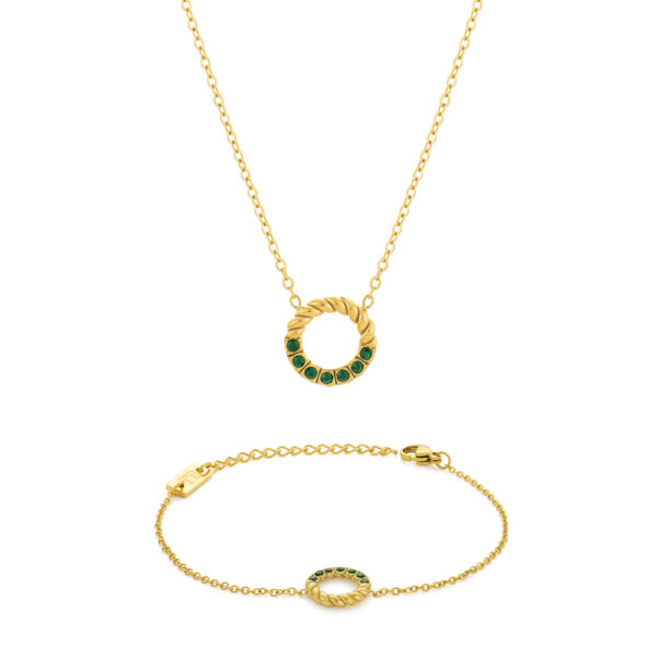 Colar e Pulseira Mulher Dourado com Brilhantes Verdes, em aço inoxidável da Twobrothers