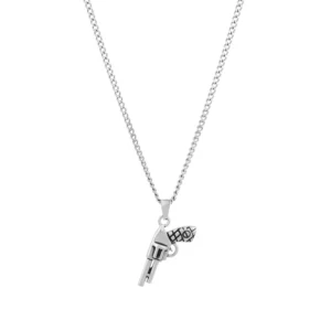 necklace for men in silver stainless steel with a gun pendant